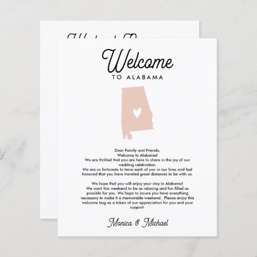 アラバマへようこそ |文字と旅程の任意の色 (正面/裏面)