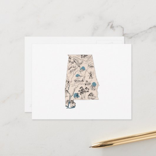 アラバマヴィンテージ写真マップアンティーク州図 ポストカード (正面/裏面インサイチュ)