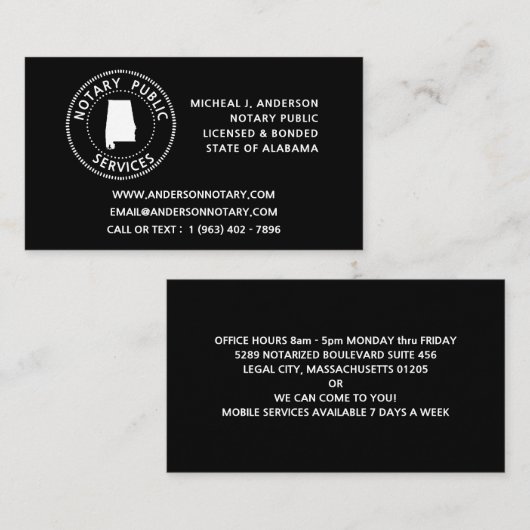 アラバマ公証人公共サービス 名刺 (正面/裏面)