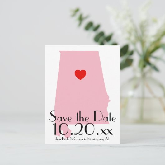 アラバマ州のカスタムカラー Save the Date 案内ポストカード (スタンド正面)