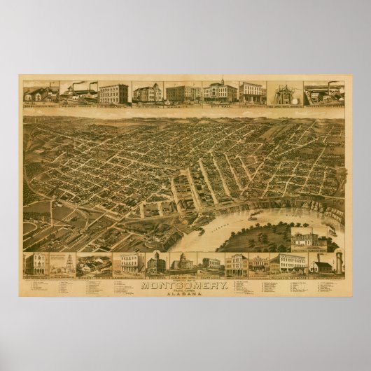 アラバマ州の州都モンゴメリーの地図（1887年） ポスター (正面)