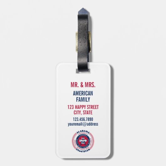 アラバマ州パーソナライズされたギフトラゲージタグ ラゲッジタグ (裏面縦)
