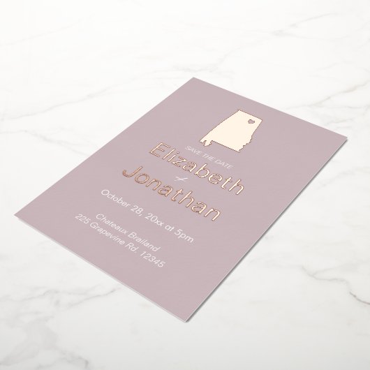 アラバマ行き先ウェディング日付の保存バラ 箔招待状 (回転した状態)