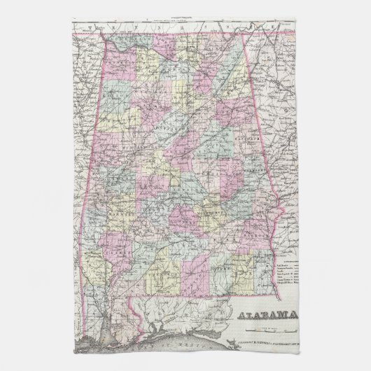 アラバマ(1855年)のヴィンテージの地図 キッチンタオル (縦)
