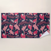 アラパロットレッドピンクスケッチトロピカルパタ離れーン ビーチタオル (正面)