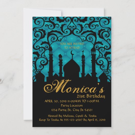 アラビアンナイツティール(緑がかった色)誕生日招待状 招待状 (正面)