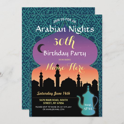 アラビアンナイツバースデーパーティードジュエルヘナ招待状 招待状 (正面/裏面)