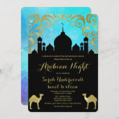 アラビアンナイトのティール(緑がかった色)および金ゴールドの誕生日の招待状 招待状 (正面/裏面)