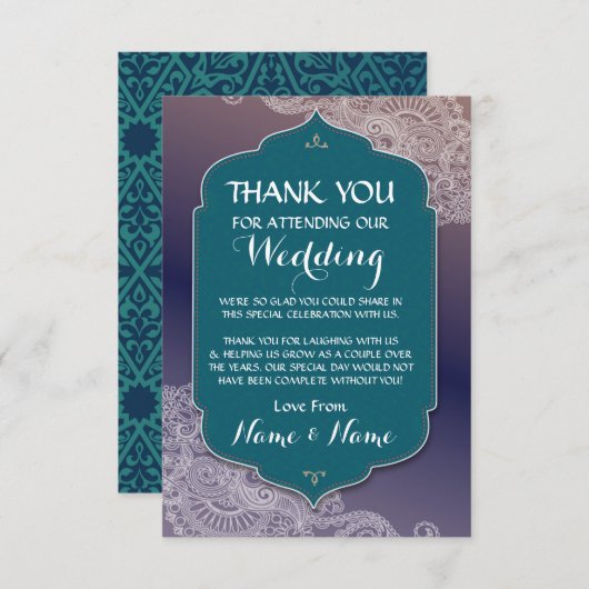 アラビアンナイトの感謝のウェディングカード(ターコイズ) 招待状 (正面/裏面)