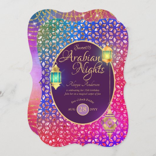アラビアンナイトスウィート16キンセアニェラ任意の年齢パーティー 招待状 (正面/裏面)