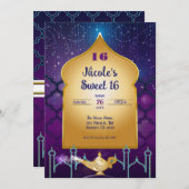 アラビアンナイト金ゴールド魔法ランプ誕生日パーティー 招待状 (正面/裏面)