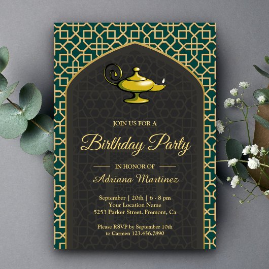 アラビアンナイト マジックランプ ティールグレー 誕生日 招待状