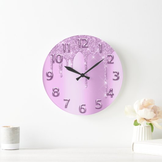 アラビア数字ドリエレガントップピンクグリッターバラ ラージ壁時計 (ホーム)
