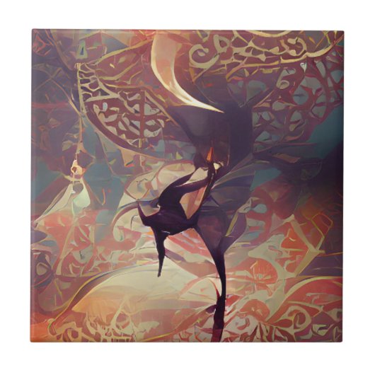 アラベスクの金色のバラが渦を巻いて踊るデジタルアート タイル (正面)