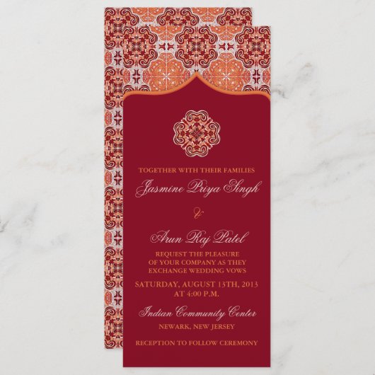 アラベスクオレンジレッド結婚インディアンの茶丈 招待状 (正面/裏面)