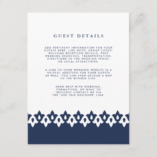 アラベスク結婚のゲスト詳細カード |ネイビー エンクロージャーカード (正面)