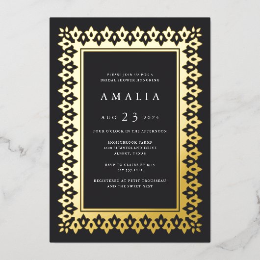 アラベスク |グラムエレガントブライダルシャワー金ゴールド 箔招待状 (正面)