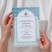アラベスク ティール&パールホワイトのイスラム結婚式 招待状