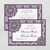 アラベスク パープルレース、3.5"x5" ウェディング RSVPカード (正面/裏面)