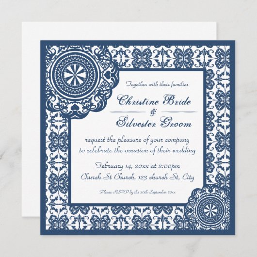 アラベスク·ブルー·レース， 5.25 x 5.25の結婚式の招待 招待状 (正面/裏面)