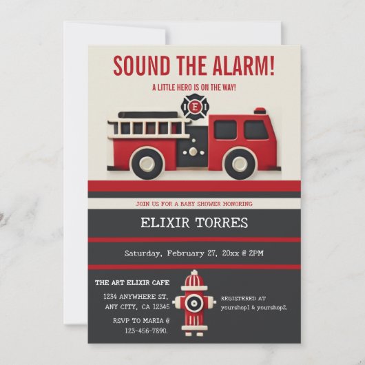 アラームのミニマルな消防士の赤ちゃんシャワーを鳴らす 招待状 (正面)