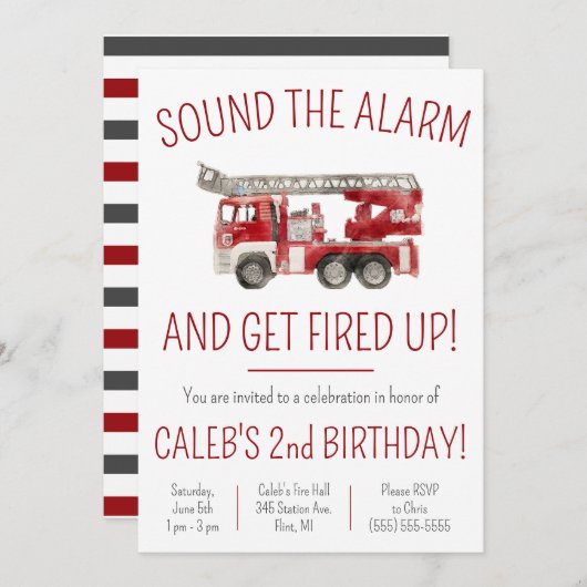 アラームを鳴らして消防車の誕生日 招待状 (正面/裏面)