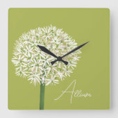アリウムの花の植物画 | エレガントなフローラ スクエア壁時計 (正面)
