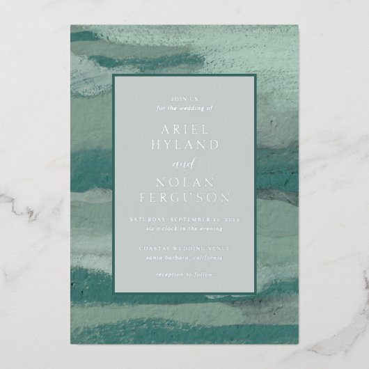 アリエルテールグリーン抽象沿岸近代結婚式 箔招待状 (正面)