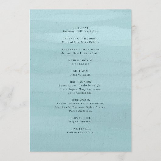 アリエルブルー抽象的な水彩現代の結婚式 プログラム (裏面)