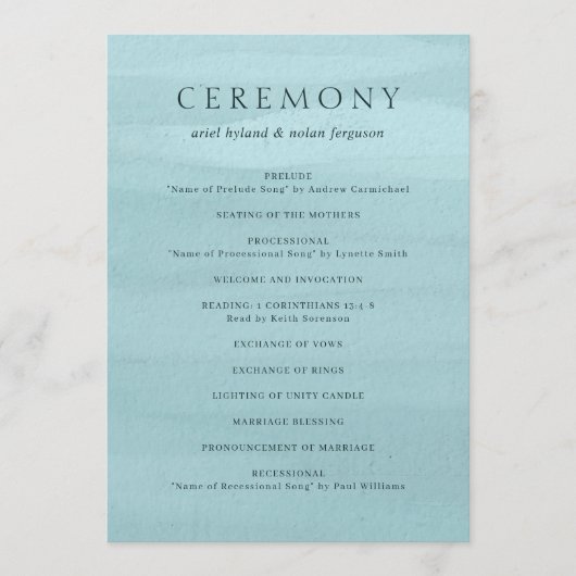 アリエルブルー抽象的な水彩現代の結婚式 プログラム (正面)
