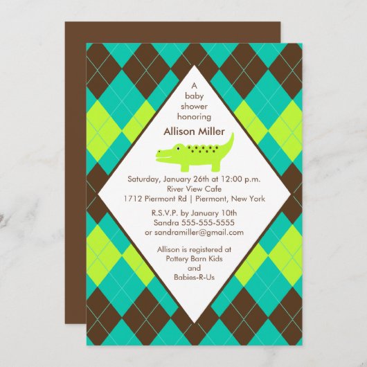 アリゲーアーガイル柄のターボーイベビーシャワー招待状 招待状 (正面/裏面)