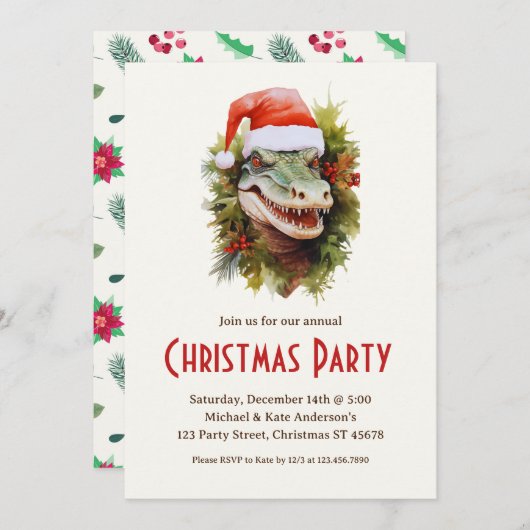 アリゲーターのサンタ帽子とポインセチアのクリスマスパーティー 招待状 (正面/裏面)