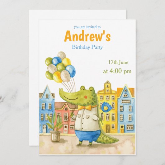 アリゲーターウォーターカラーワニ誕生日招待状 招待状 (正面/裏面)