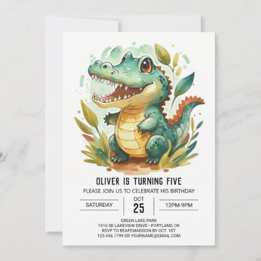 アリゲーターキュートワニ誕生日 招待状 (正面)