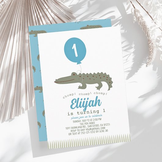 アリゲータークロコダレバルーンボーイキッドの1歳の誕生日 招待状