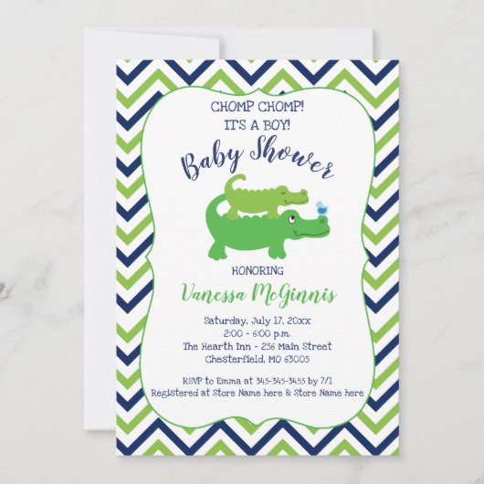 アリゲーターグリーンブルーボーイベビーシャワー招待状 招待状 (正面)