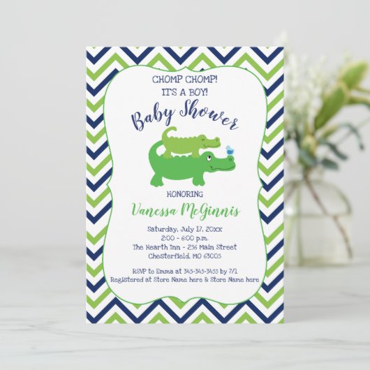 アリゲーターグリーンブルーボーイベビーシャワー招待状 招待状 (スタンド正面)