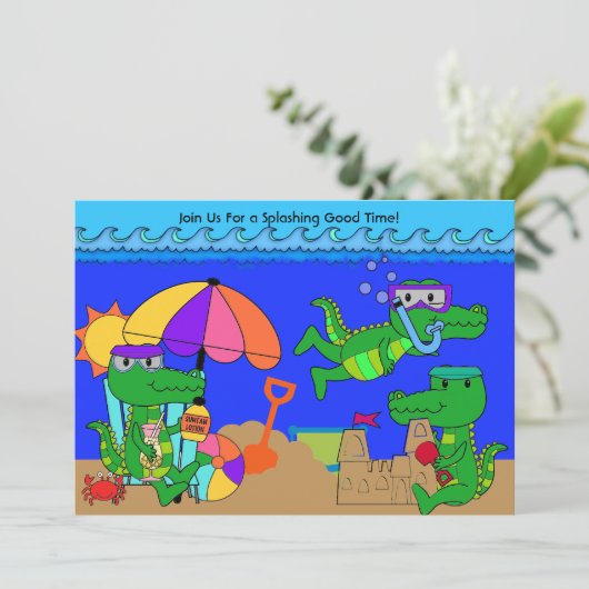アリゲータービーチパーティースイミング誕生日招待状 招待状 (スタンド正面)
