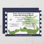 アリゲーターブルーストライプのベビーシャワー招待AMP 招待状 (正面/裏面)