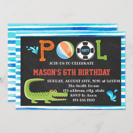 アリゲータープール誕生日パーティーの招待 招待状 (正面/裏面)
