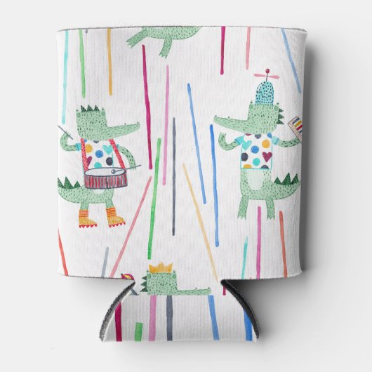 アリゲーターミュージック：水彩の子供っぽいシームレス 缶クーラー (正面)