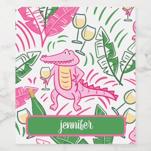 アリゲーターワインピンクグリーン名門私立校風のパーソナライズされた ワインラベル (シングルラベル)