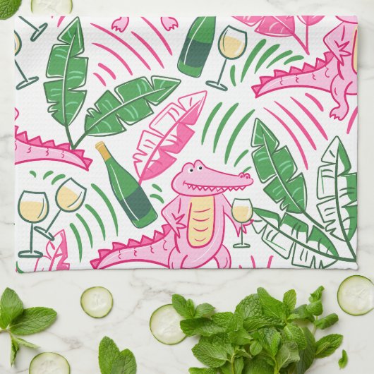 アリゲーターワインピンクグリーン名門私立校風の キッチンタオル (折り畳み)