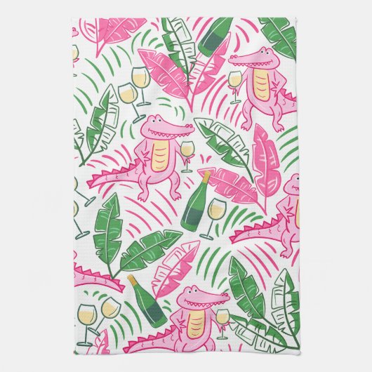 アリゲーターワインピンクグリーン名門私立校風の キッチンタオル (縦)