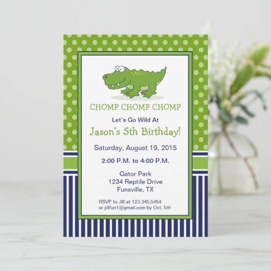 アリゲーター誕生日パーティーの招待青と緑 招待状 (スタンド正面)