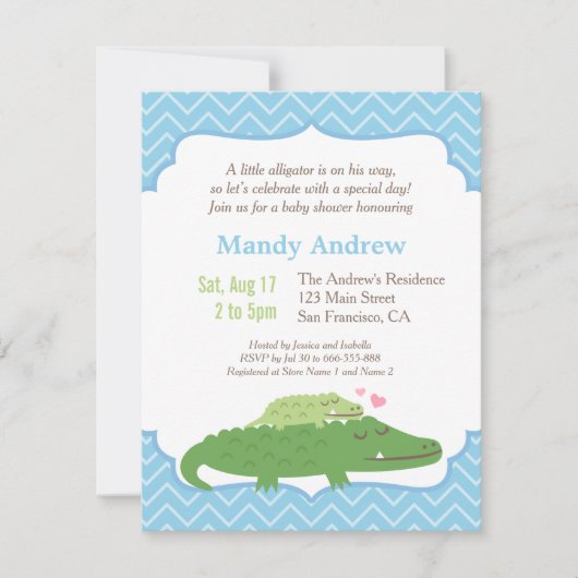アリゲーモダンターブルーシェブロンベビーシャワーパーティー 招待状 (正面)