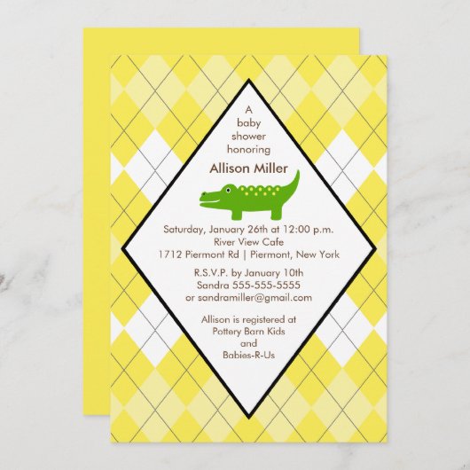 アリゲー名門私立校風のターベビーシャワー招待状イエロー 招待状 (正面/裏面)