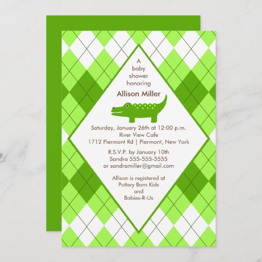 アリゲー名門私立校風のターベビーシャワー招待状グリーン 招待状 (正面/裏面)