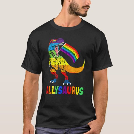 アリサウルスLGBTシャツ恐竜レインボーフラッグAlly L Tシャツ (正面)