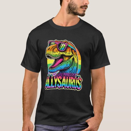 アリサウルスLGBT恐竜ゲイプライド国旗Ally Rainb Tシャツ (正面)